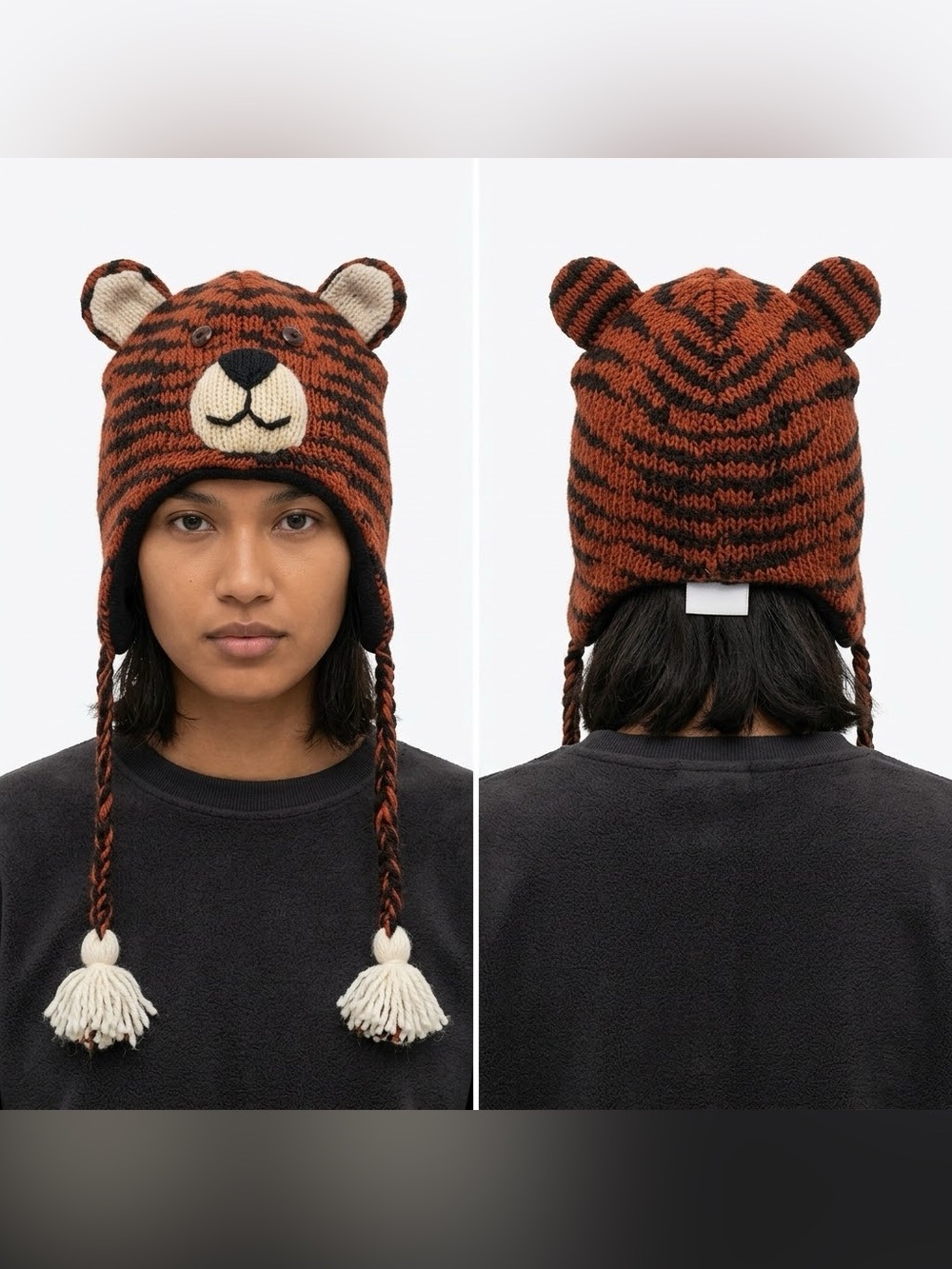 Handmade Nepal Fleece-Lined Tiger Earflap Beanie Hat